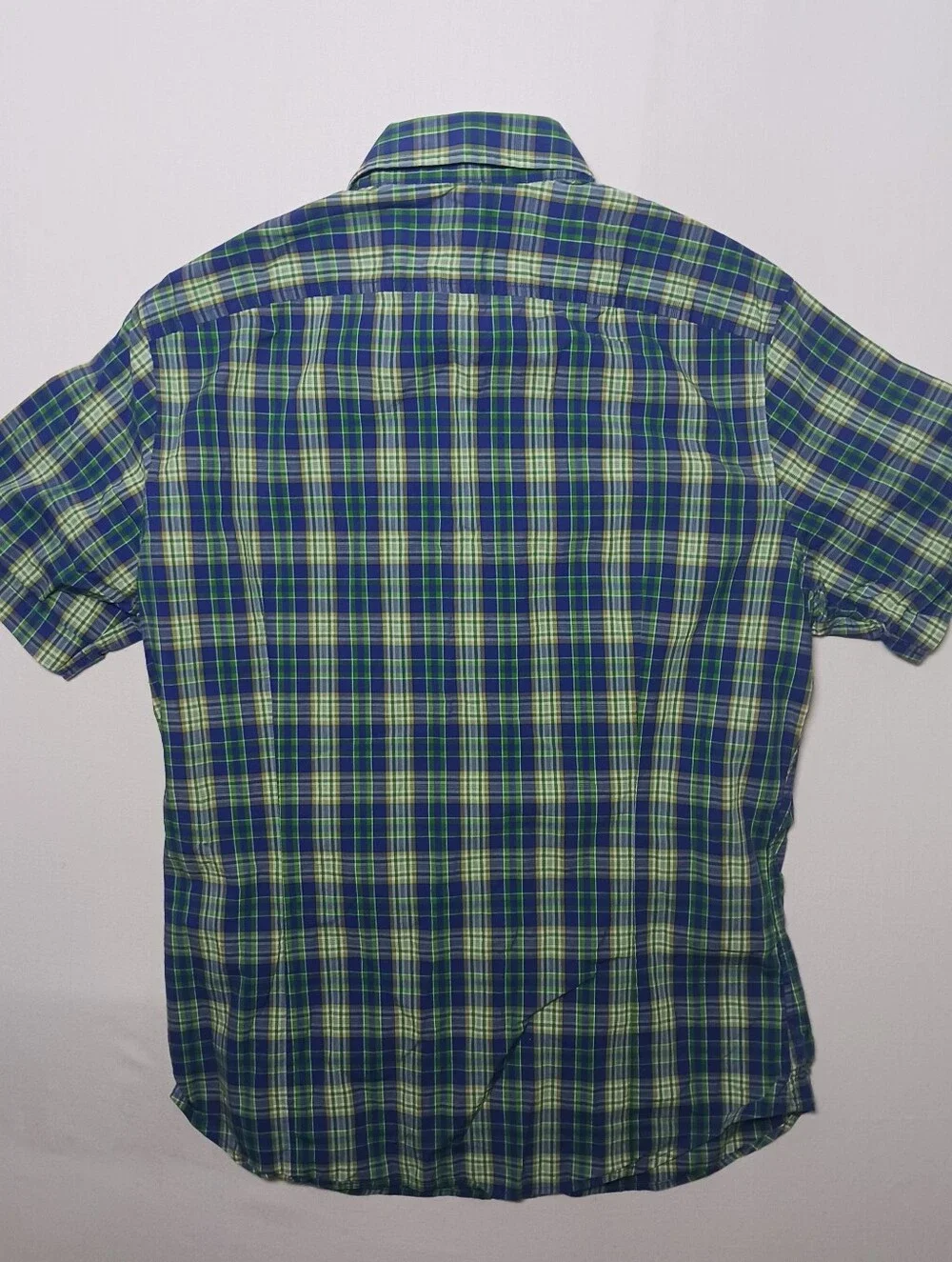 Banana Republic Mens Short Sleeve Button Up Shirt Medium Plaid Blue Green